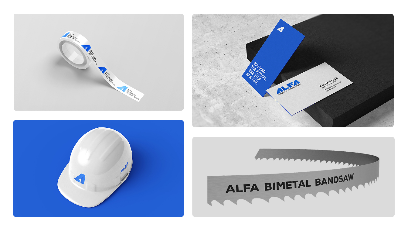 Alfa brand identity applied to packaging tape, business cards, a safety hard hat, and a bi-metal bandsaw blade.