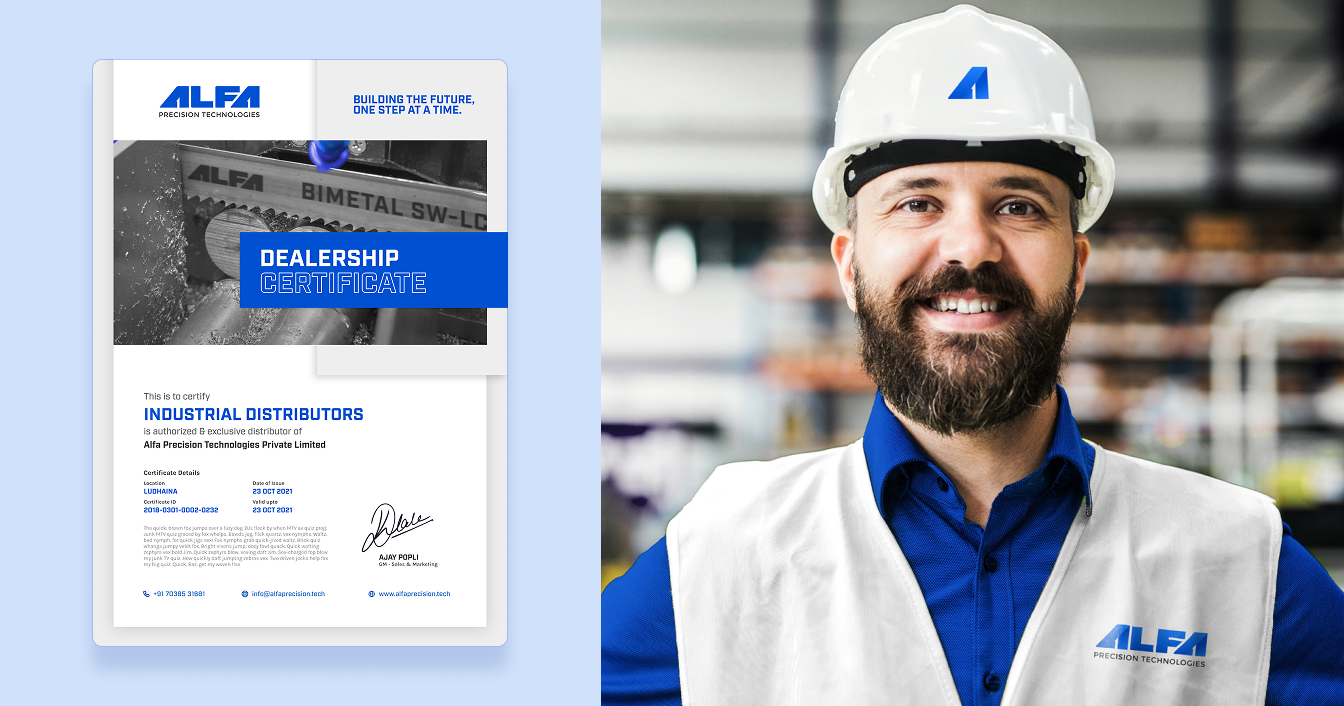 Alfa internal branding showcasing a Dealership Certificate and an employee wearing a branded hard hat and vest.
