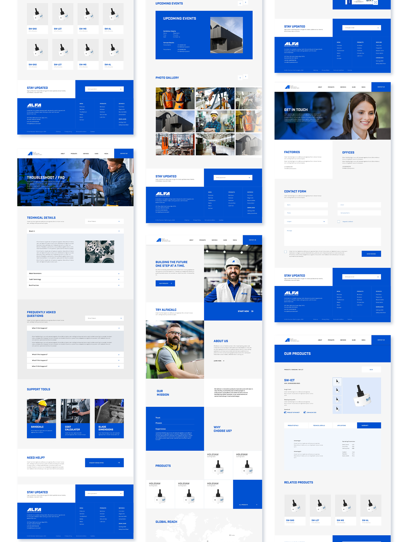 High-fidelity website UI and UX screen designs for Alfa Precision Technologies, featuring product pages and company details.