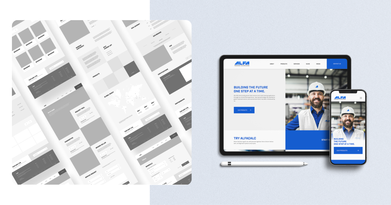 Isometric view of website wireframes alongside tablet and mobile mockups for Alfa Precision Technologies.