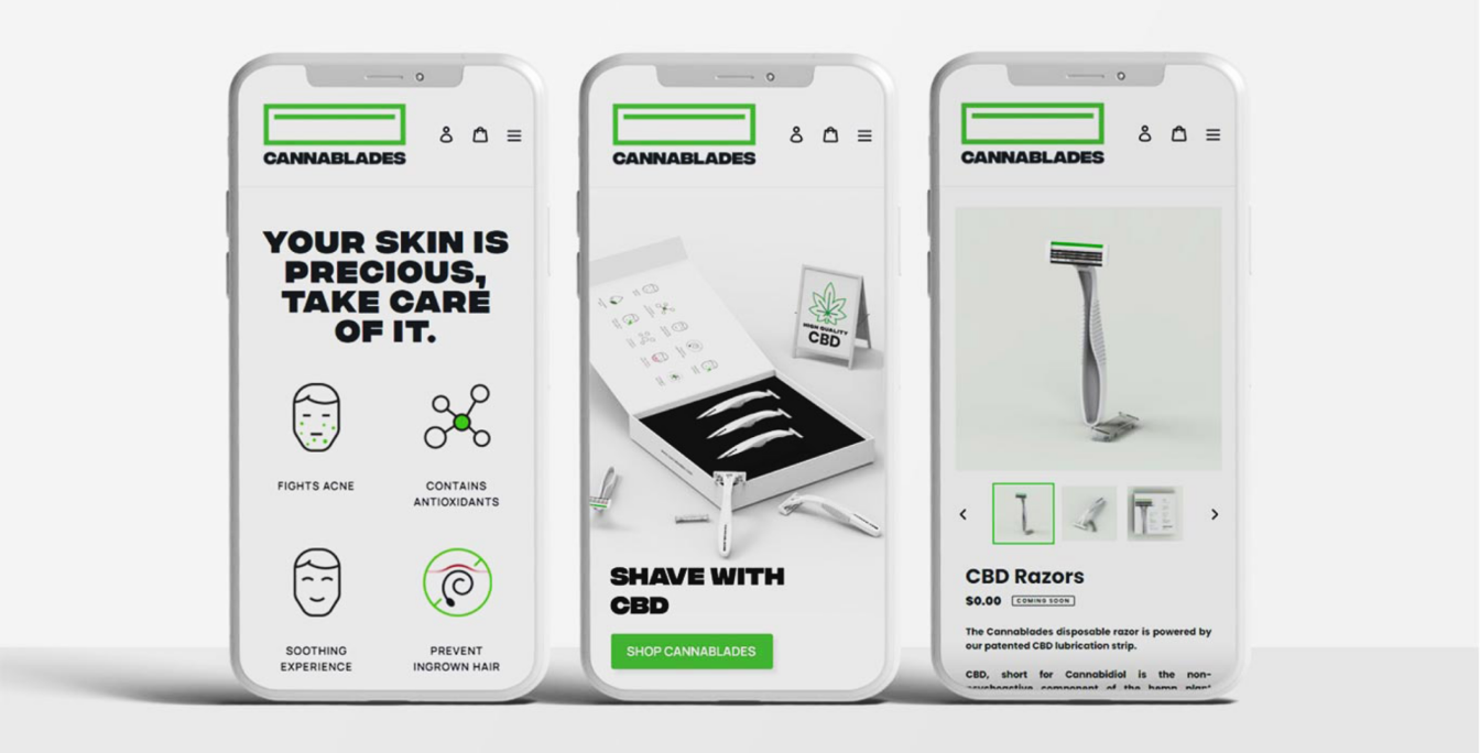 Three mobile UI mockups of the Cannablades ecommerce app, displaying skin care benefits, razor kits, and product shop screens.