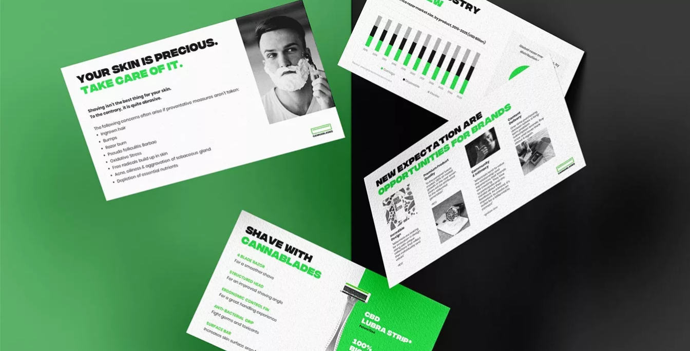 Presentation pitch deck slides for Cannablades, detailing skin care concerns, industry overview, and CBD razor benefits.