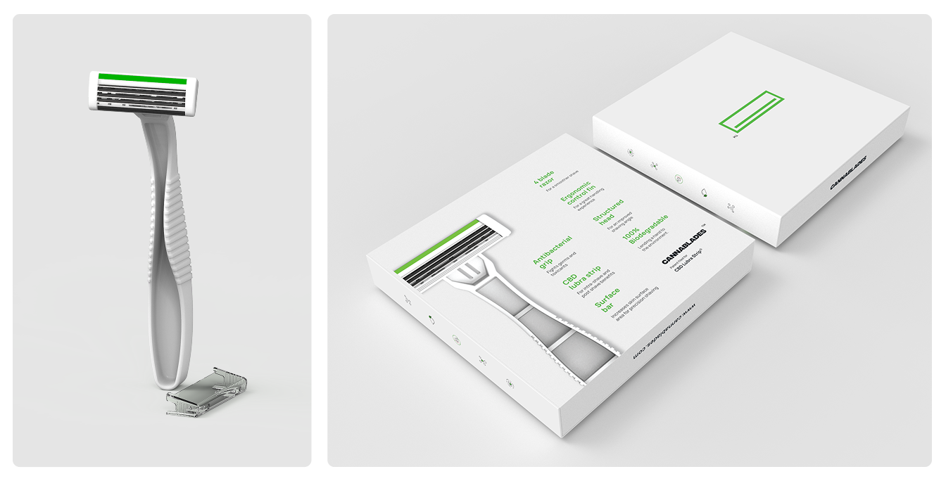 3D product visualization of a white Cannablades razor with a green CBD lubra strip, alongside its minimalist square packaging.