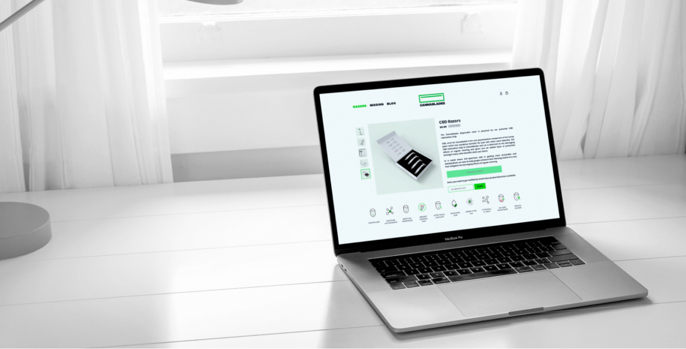 A laptop displaying the Cannablades ecommerce website, featuring a clean white and green product page design.