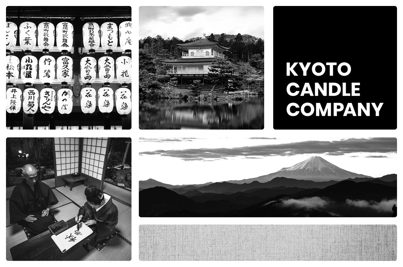 Black and white visual moodboard featuring traditional Japanese lanterns, a temple, a zen calligrapher, and Mount Fuji.