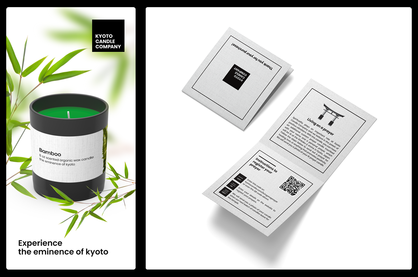 3D mockup of the Bamboo scented candle next to a prayer registration card with a QR code, surrounded by bamboo leaves.