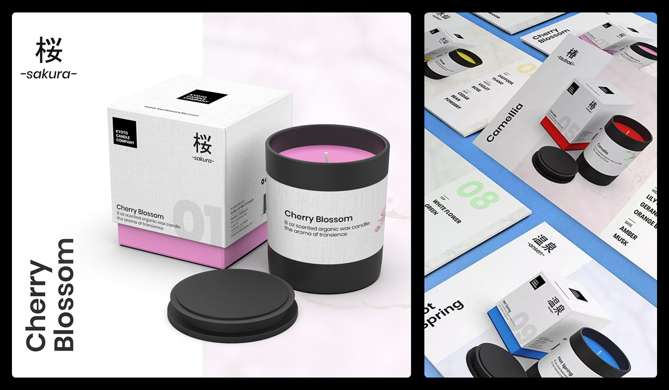 Renderings of the Cherry Blossom candle with its textured pink and white packaging box, alongside a layout of various other candle labels.