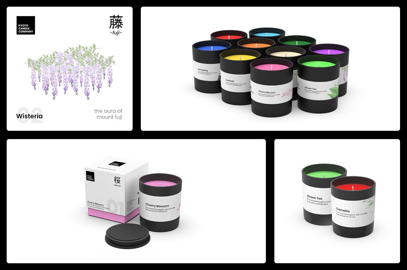 3D visualizations of Kyoto Candle Company's organic wax candles featuring various floral scents and minimalist labels with Kanji scripts.