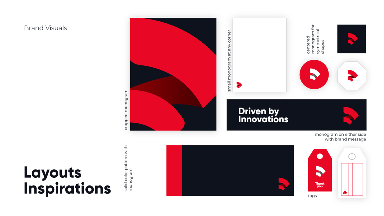 Brand visual applications and layout inspirations showing the cropped monogram used effectively on letterheads, banners, and merchandise tags.