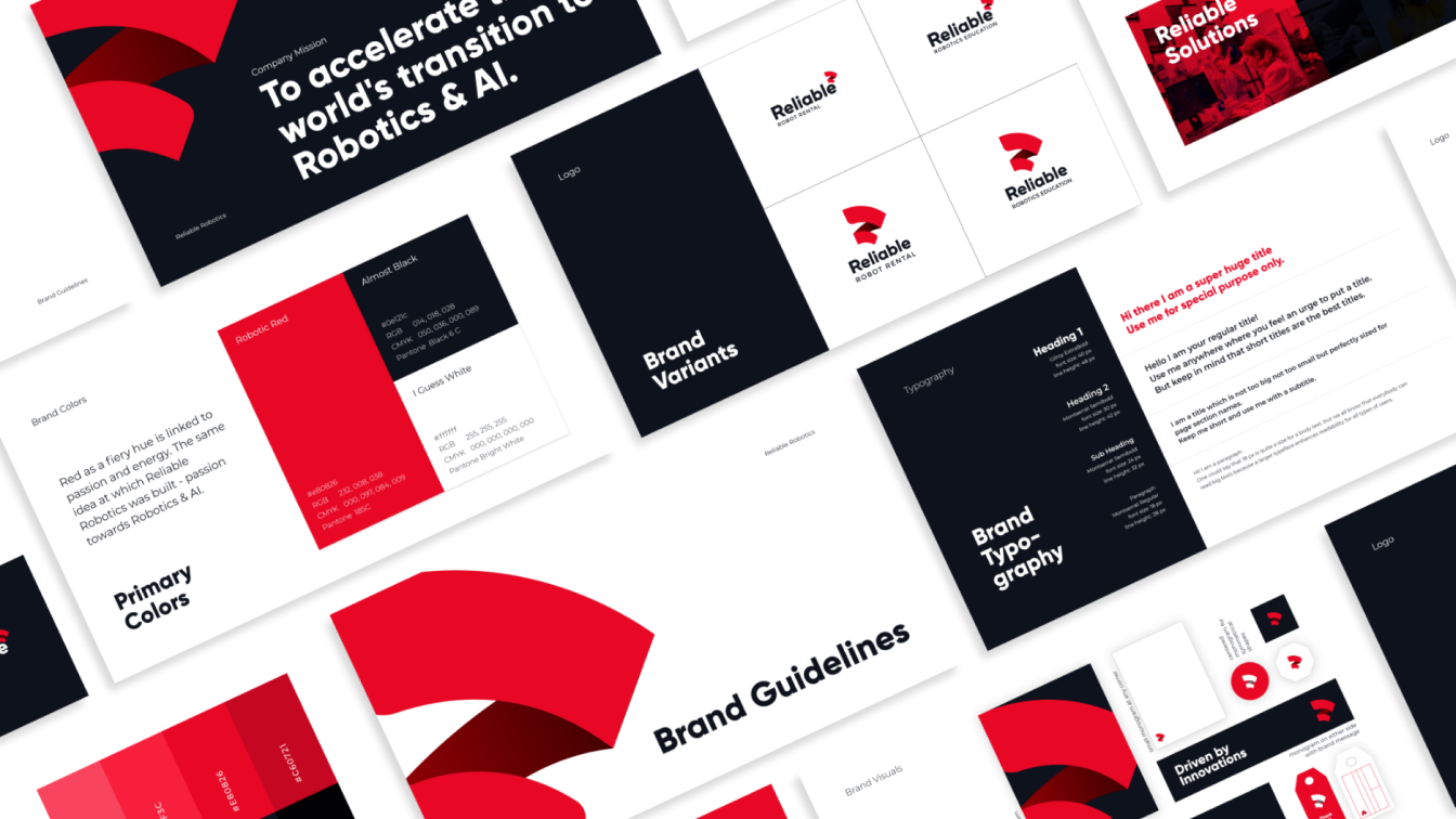 Isometric layout of the Reliable Robotics brand guidelines document, detailing the company mission, core colors, typography, and logo variants.