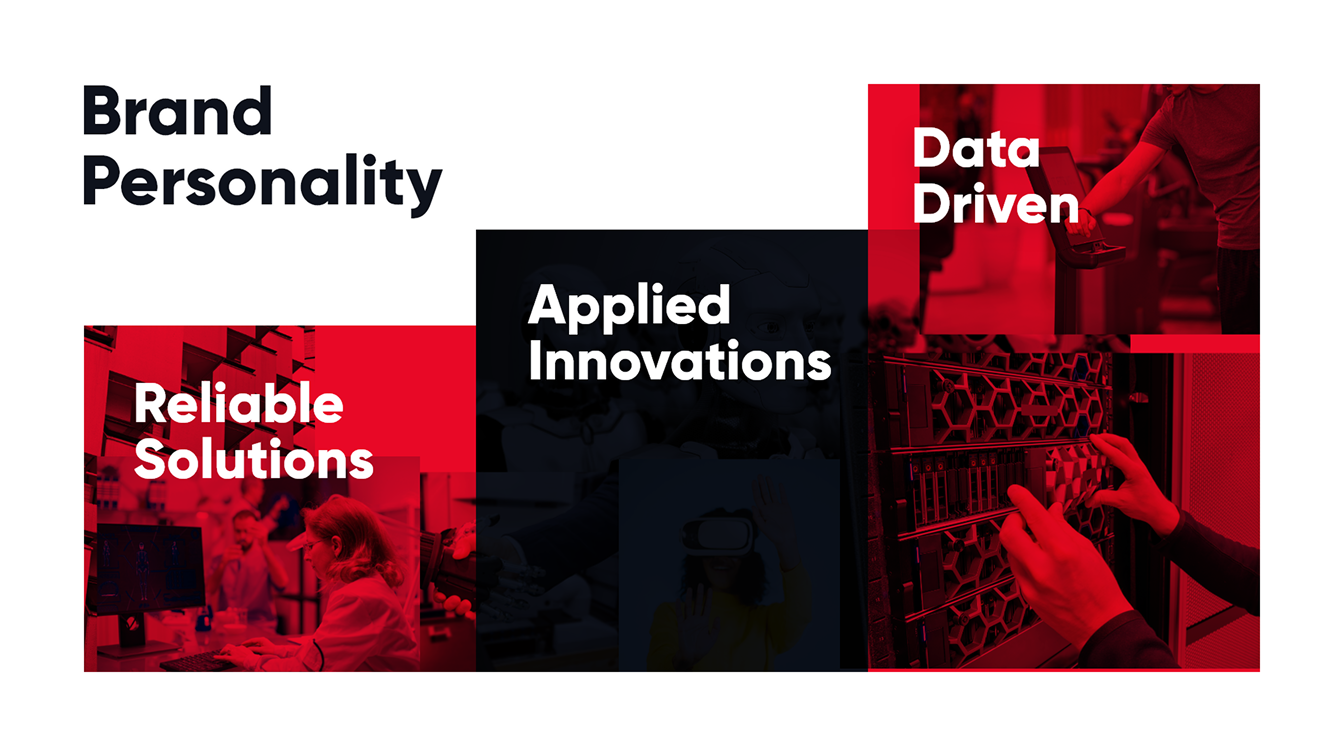 Brand personality moodboard highlighting Reliable Solutions, Applied Innovations, and Data Driven pillars with dynamic red color overlays.