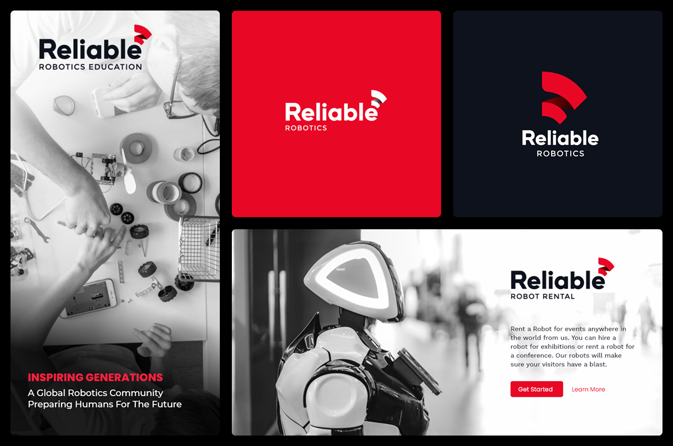Brand identity applied to sub-brands Reliable Robotics Education and Reliable Robot Rental, featuring students building robots and a service robot.