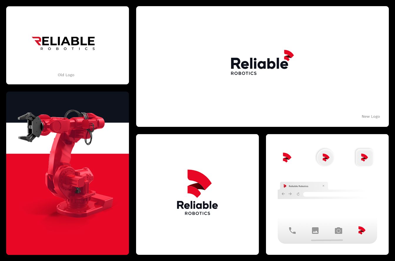 Comparison of the old and new Reliable Robotics logo designs, alongside digital interface applications and a red industrial robotic arm.